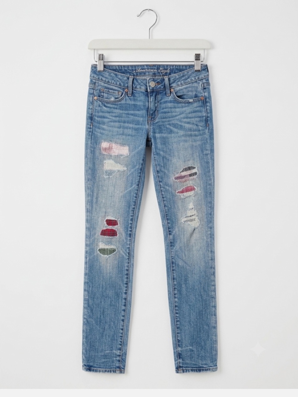 American Eagle Outfitters Light Blue Skinny Jeans with Multicolor Patchwork